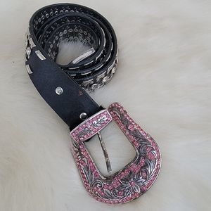 womens Nacona rhinestone embellished western black leather belt sz large